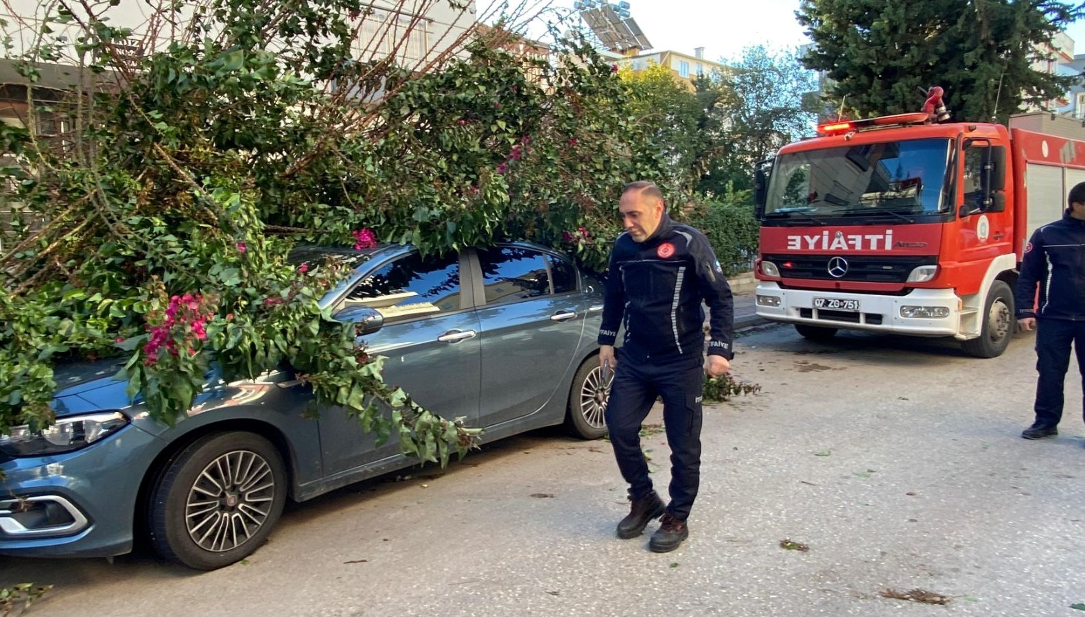 Antalya’da fırtınaya dayanamayan ağaç aracın üzerine devrildi